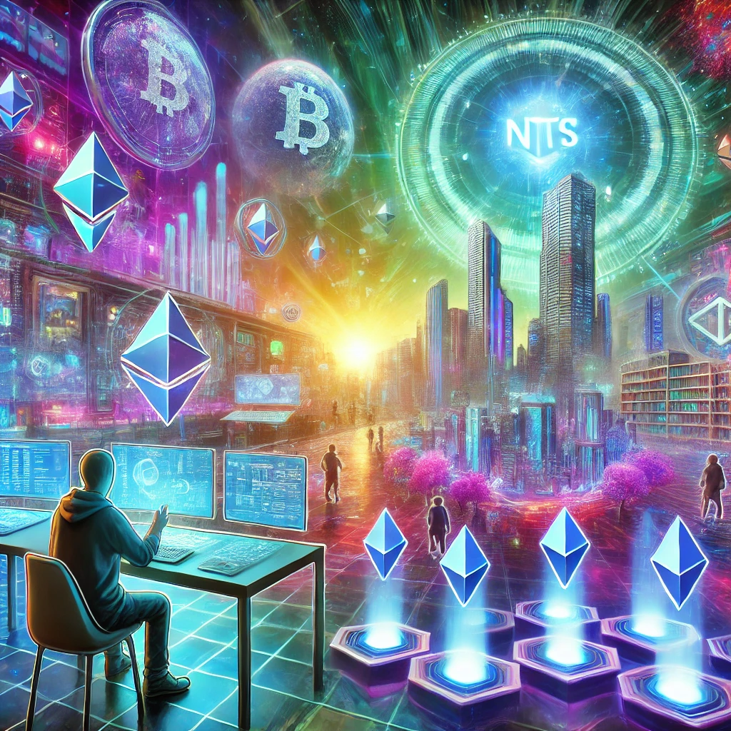 A futuristic digital marketplace showcasing NFTs, with a digital artist minting art and virtual real estate in the background. Neon colors and holographic displays create a vibrant, high-tech atmosphere