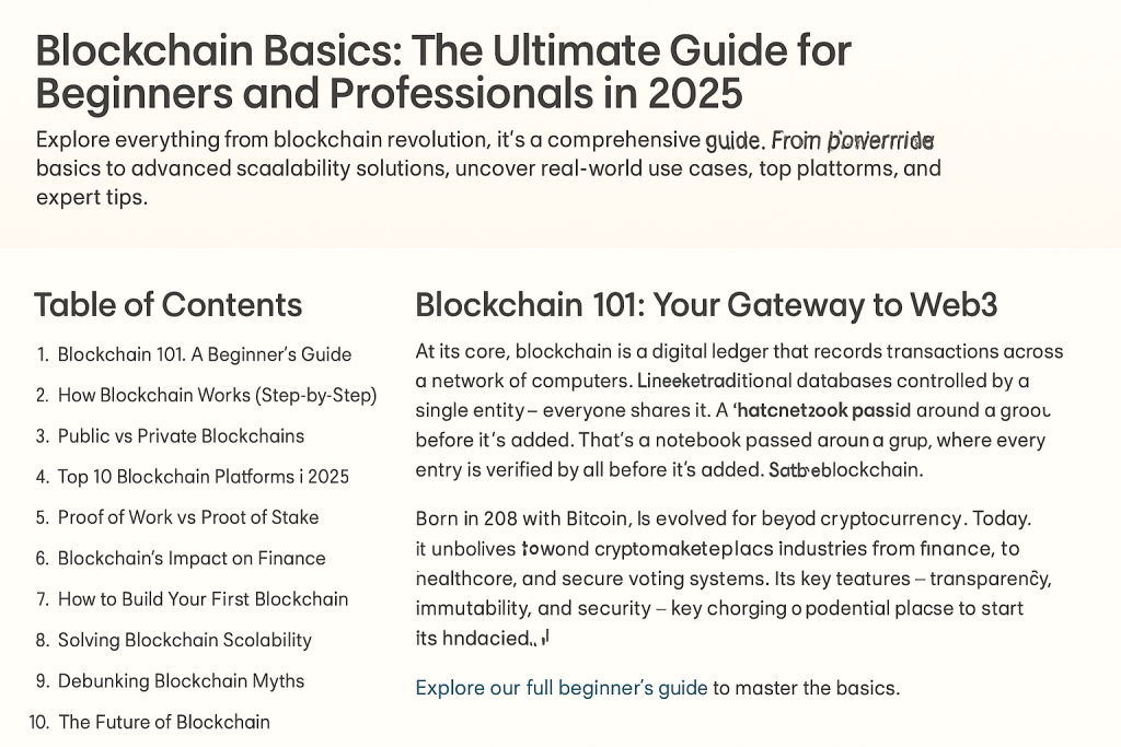Blockchain Basics 2025 guide cover image showing introduction to Web3, decentralization, and digital ledger technology.