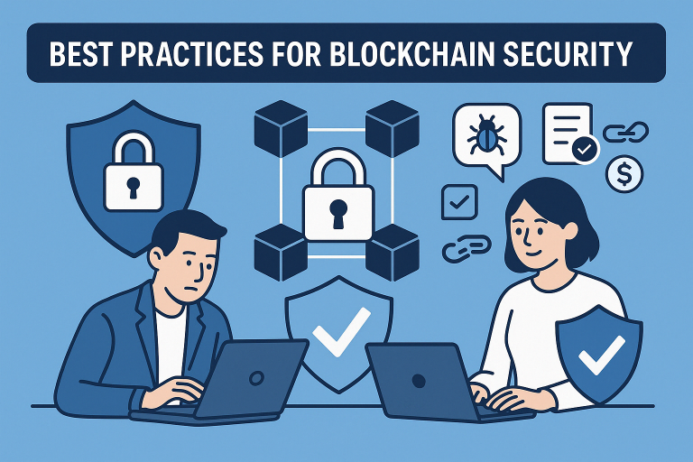 Illustration of blockchain security best practices showing two professionals working on laptops with padlocks, shield icons, and a secure blockchain network.