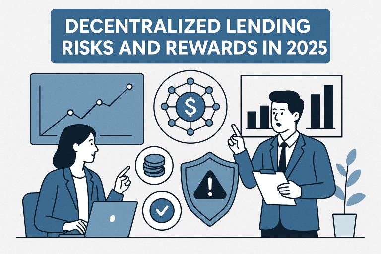 Illustration showing a crypto borrower and lender using decentralized lending platforms in 2025, surrounded by charts, lock icons, and smart contract visuals.