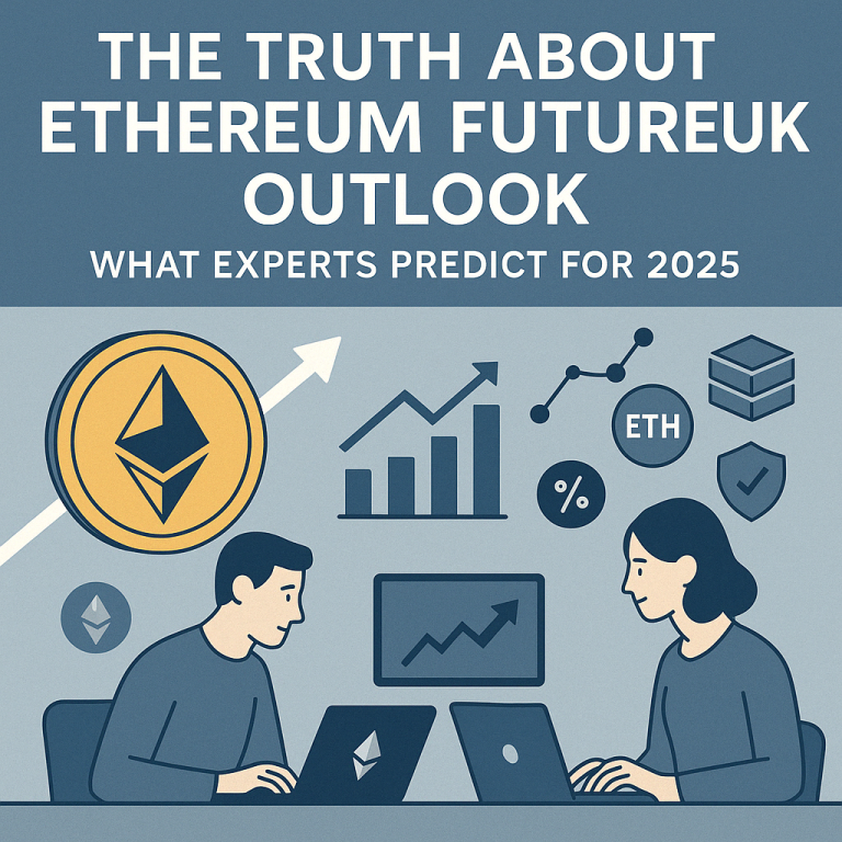 Illustration of Ethereum's future outlook showing data charts, ETH logo, Layer 2 chains, and experts analyzing blockchain trends in 2025.