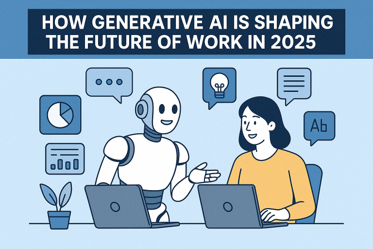 A humanoid robot and a woman working together at laptops in 2025, surrounded by icons of AI-powered workplace tools.