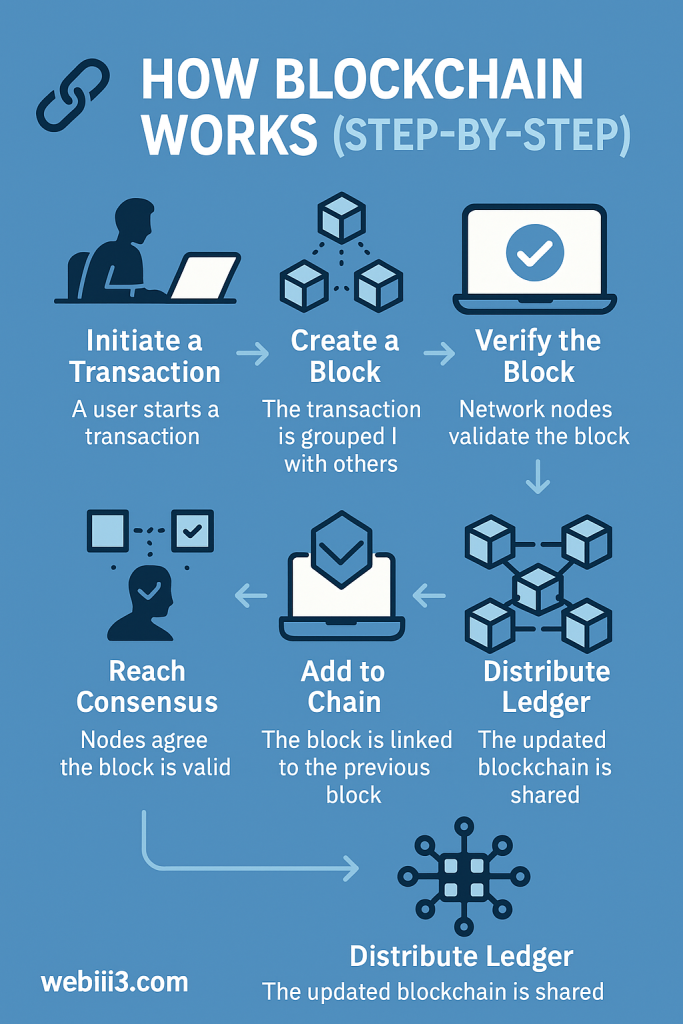 Infographic showing step-by-step blockchain process including transaction initiation, block creation, verification, consensus, and ledger distribution.
