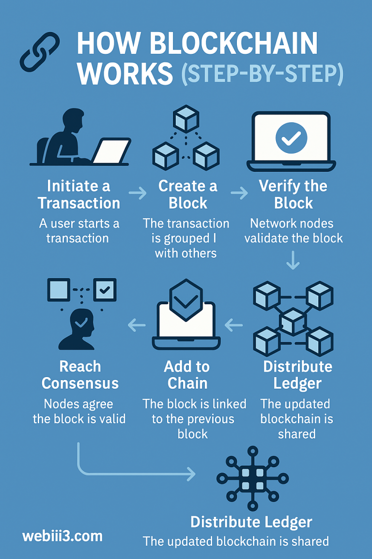 Infographic showing step-by-step blockchain process including transaction initiation, block creation, verification, consensus, and ledger distribution.