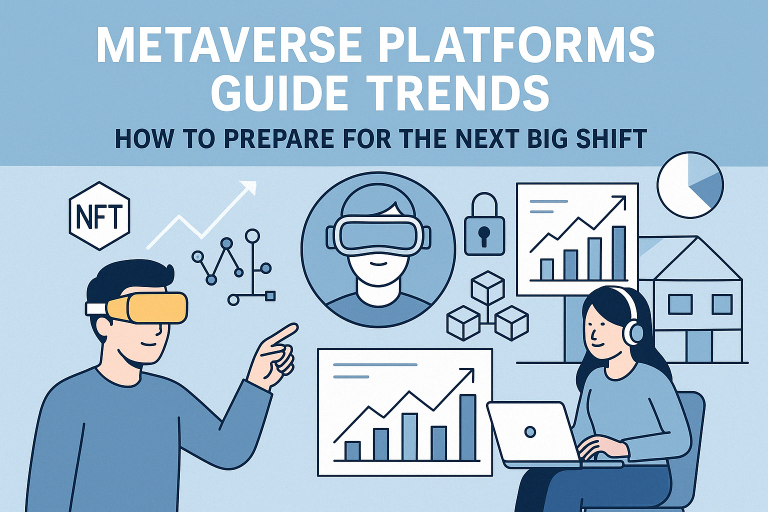 Digital illustration of metaverse users interacting with VR headsets, blockchain icons, charts, and NFT symbols, representing future platform trends in 2025.