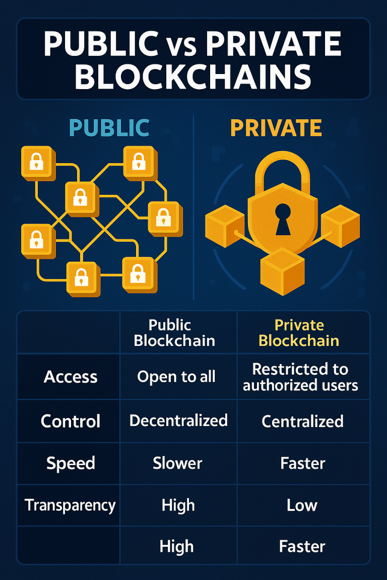 Infographic comparing public and private blockchains in terms of speed, security, access, and use cases.