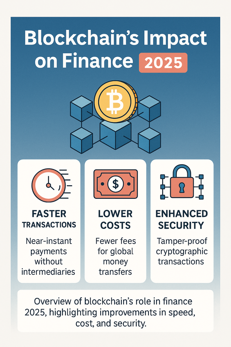 Blockchain's impact on finance 2025 infographic showing cost, speed, and security benefits