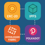 Infographic showing four key blockchain standards and protocols in 2025: ERC-20, IPFS, Hyperledger Fabric, and Polkadot”