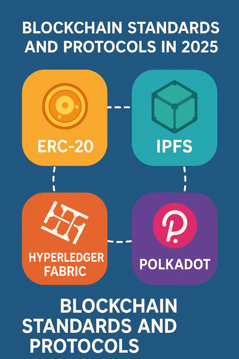 Infographic showing four key blockchain standards and protocols in 2025: ERC-20, IPFS, Hyperledger Fabric, and Polkadot”