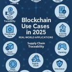 Infographic showing 15 real-world blockchain use cases in 2025, including DeFi lending, supply chain traceability, digital identity, NFT marketplaces, and more.