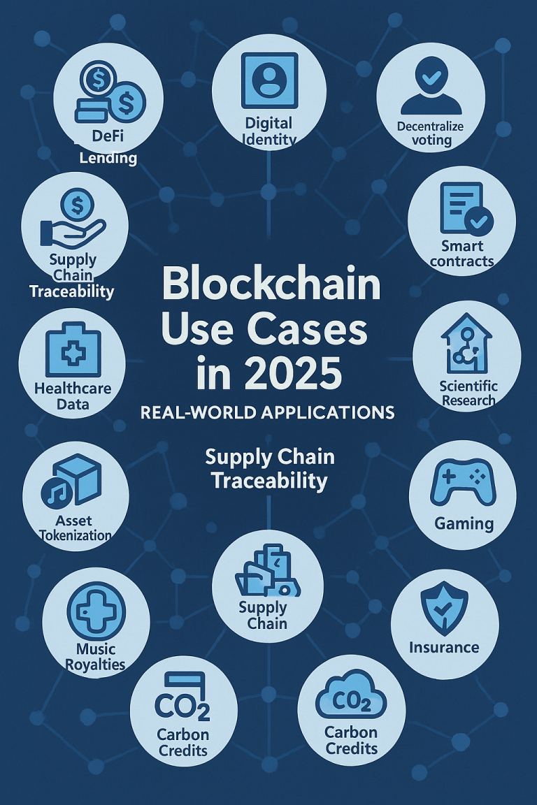 Infographic showing 15 real-world blockchain use cases in 2025, including DeFi lending, supply chain traceability, digital identity, NFT marketplaces, and more.