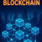 Neon-lit blockchain network of interconnected glowing cubes over a futuristic city skyline” Title: “The Future of Blockchain Illustration