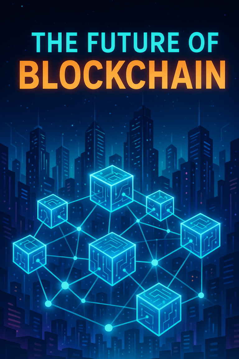 Neon-lit blockchain network of interconnected glowing cubes over a futuristic city skyline” Title: “The Future of Blockchain Illustration
