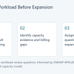 Three-step editorial diagram: map workload dimensions, identify capacity and billing gaps, then assign unresolved questions before expansion.
