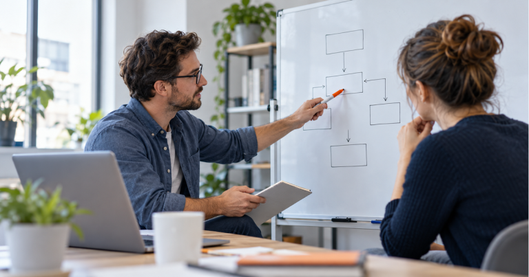AI illustration of two colleagues discussing blank connected boxes on a whiteboard beside a laptop.