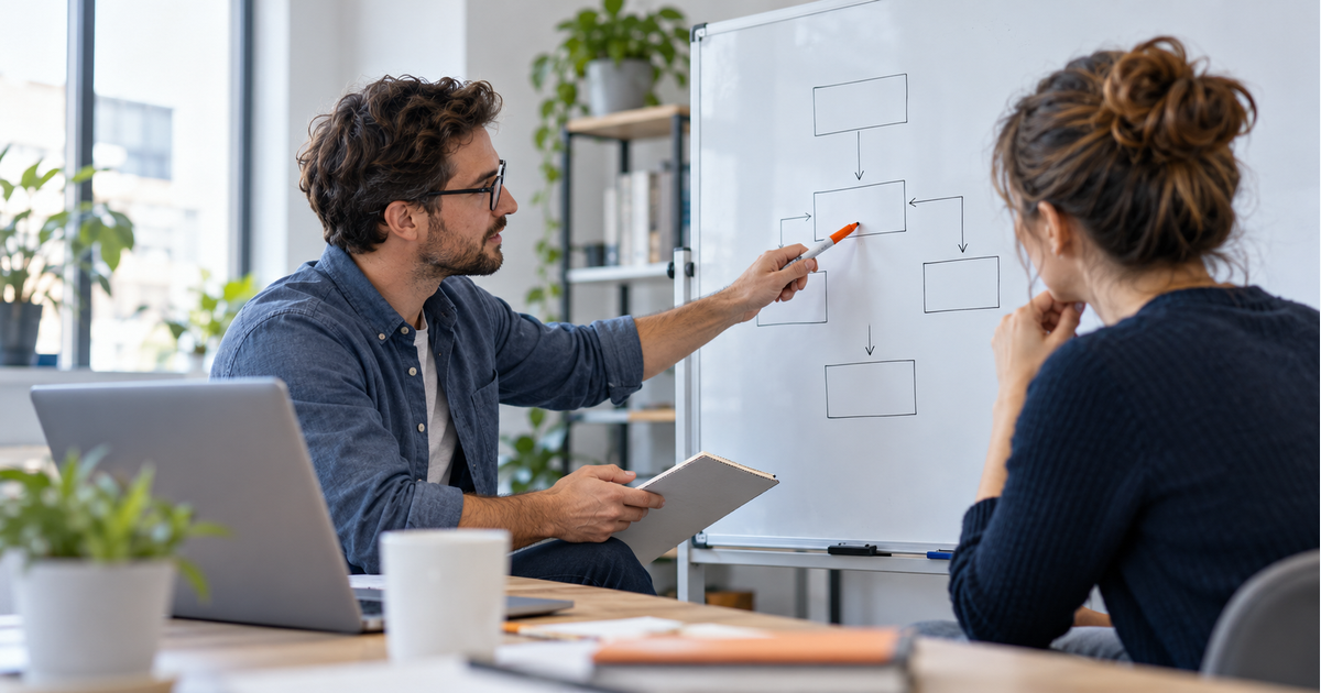AI illustration of two colleagues discussing blank connected boxes on a whiteboard beside a laptop.