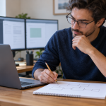 A software professional draws plain connected boxes on paper beside a laptop and blurred monitors at a desk.