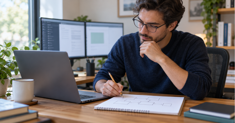 A software professional draws plain connected boxes on paper beside a laptop and blurred monitors at a desk.