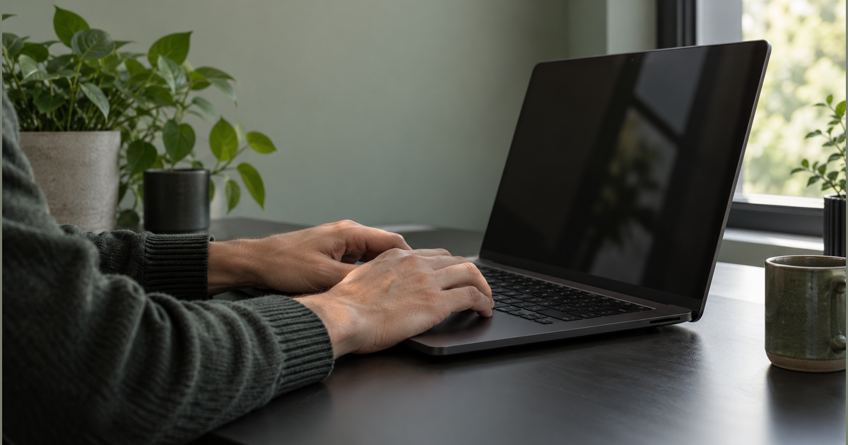 Two hands at a dark unbranded laptop with a blank reflective screen in a daylight workspace