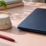 Unbranded physical desk timer and closed midnight-blue laptop on a pale blush desk