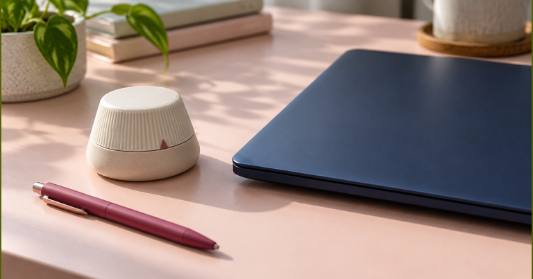 Unbranded physical desk timer and closed midnight-blue laptop on a pale blush desk